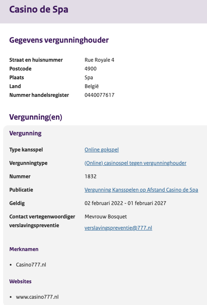 casino 777 vergunning nederland