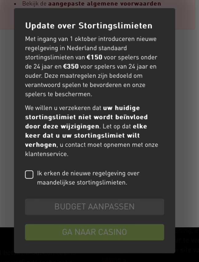 screenshot van casino 777 pop-up stortingslimieten in casino.nl test