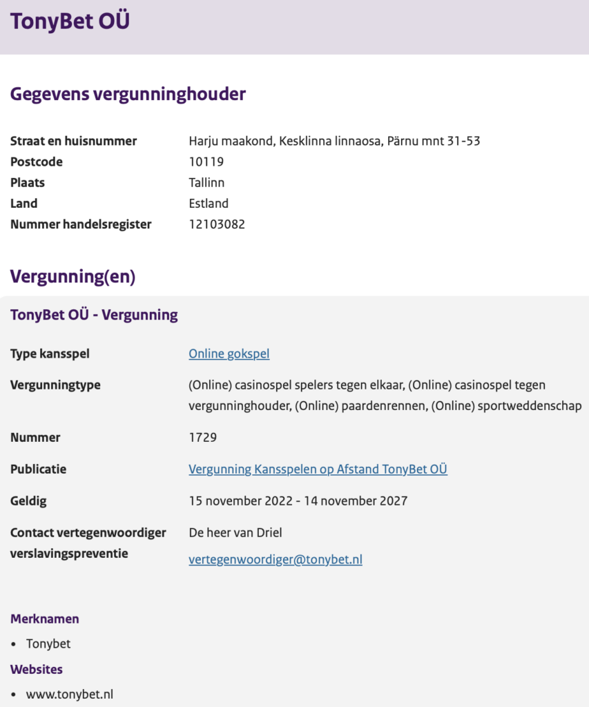 Tonybet vergunning in Nederland